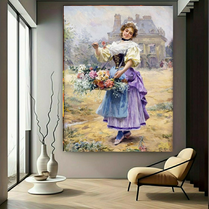 تابلو شاسی طرح مخمل نقاشی دختر گلفروش مدل  روستایی کد GR1705