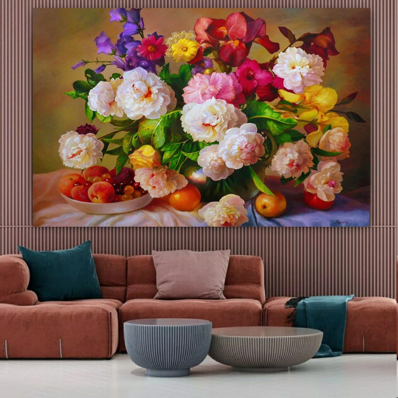 تابلو شاسی طرح چرم مخمل مدل  گلدان گل و میوه کد BM123