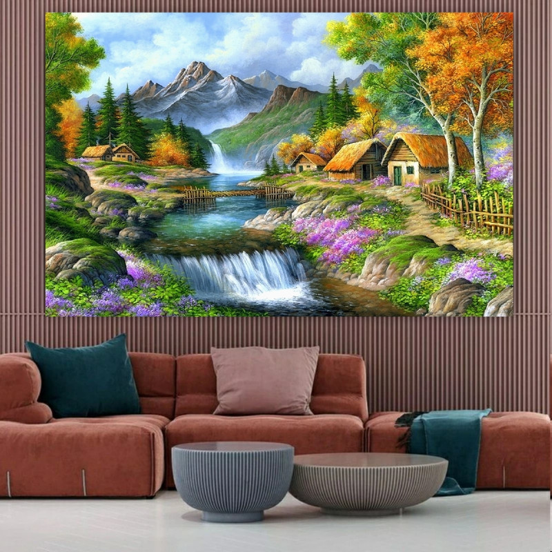تابلو شاسی طرح چرم مخمل مدل  منظره چشمه کد BM115