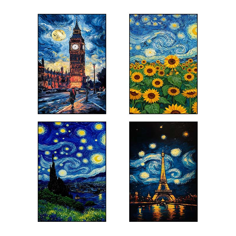 تابلو شاسی دنیای قاب طرح شب پرستاره فانتزی ون‌گوگ Fantasy Starry Night Van Gogh کد 43756 مجموعه 4 عددی