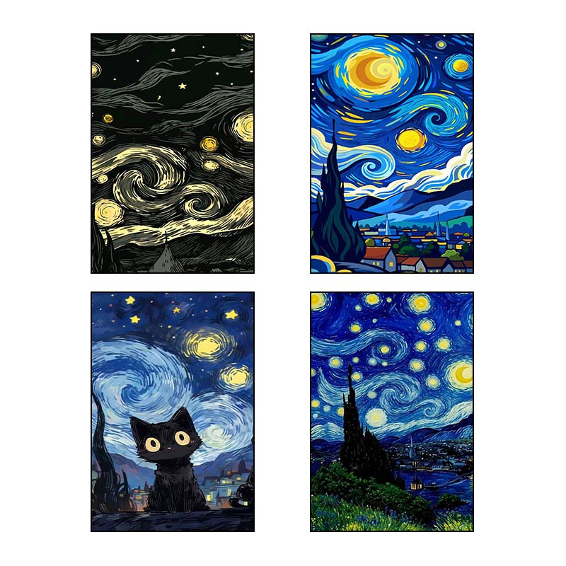 تابلو شاسی دنیای قاب طرح شب پرستاره فانتزی ون‌گوگ Fantasy Starry Night Van Gogh کد 24729 مجموعه 4 عددی