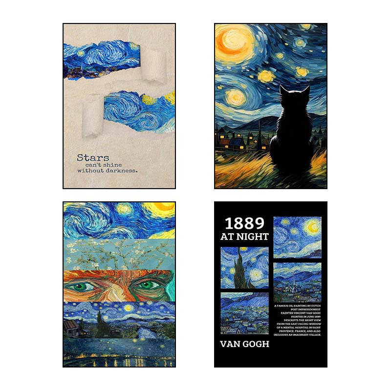 تابلو شاسی دنیای قاب طرح شب پرستاره فانتزی ون‌گوگ Fantasy Starry Night Van Gogh کد 39735 مجموعه 4 عددی