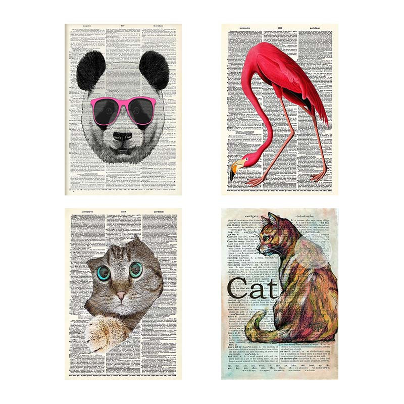 تابلو شاسی دنیای قاب طرح روزنامه وینتج حیوانات Vintage Newspaper Animals کد 61702 مجموعه 4 عددی