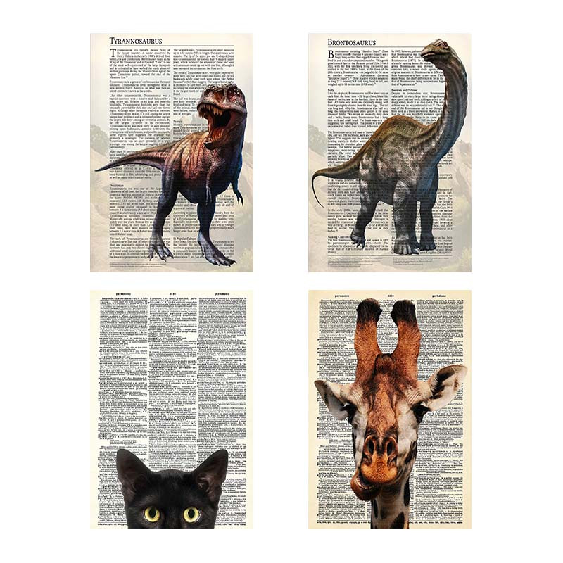 تابلو شاسی دنیای قاب طرح روزنامه وینتج حیوانات Vintage Newspaper Animals کد 93682 مجموعه 4 عددی