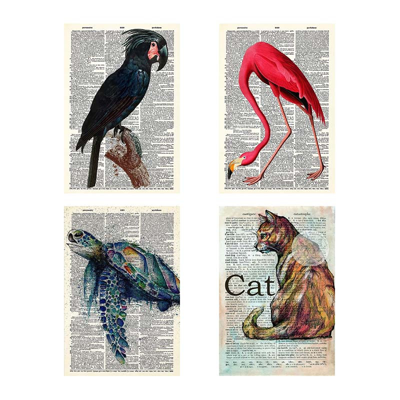 تابلو شاسی دنیای قاب طرح روزنامه وینتج حیوانات Vintage Newspaper Animals کد 14640 مجموعه 4 عددی