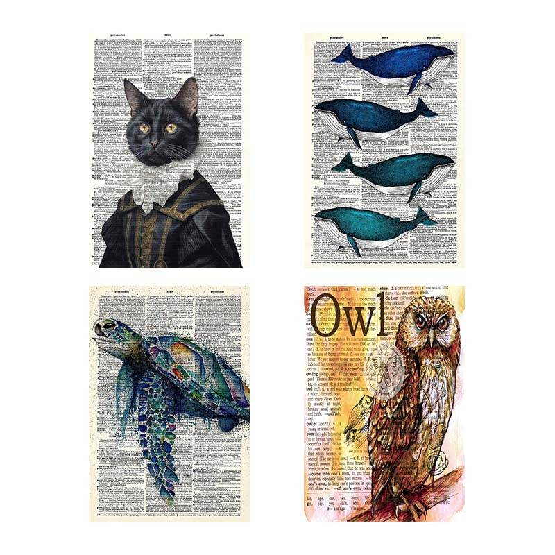 تابلو شاسی دنیای قاب طرح روزنامه وینتج حیوانات Vintage Newspaper Animals کد 96236 مجموعه 4 عددی