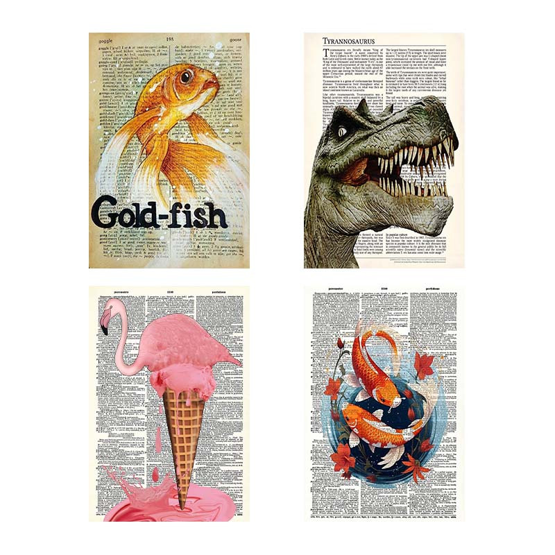 تابلو شاسی دنیای قاب طرح روزنامه وینتج حیوانات Vintage Newspaper Animals کد 90413 مجموعه 4 عددی