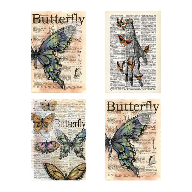 تابلو شاسی دنیای قاب طرح روزنامه وینتج پروانه Vintage Newspaper Butterfly کد 28622 مجموعه 4 عددی