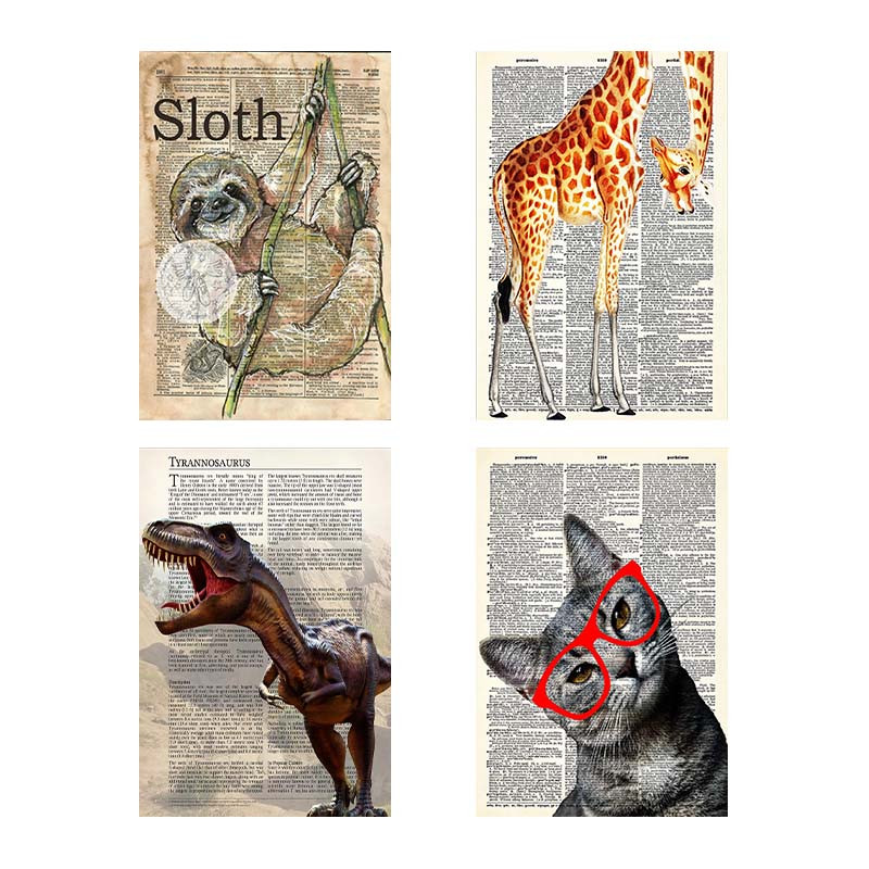 تابلو شاسی دنیای قاب طرح روزنامه وینتج حیوانات Vintage Newspaper Animals کد 76585 مجموعه 4 عددی