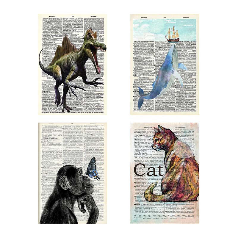 تابلو شاسی دنیای قاب طرح روزنامه وینتج حیوانات Vintage Newspaper Animals کد 94863 مجموعه 4 عددی