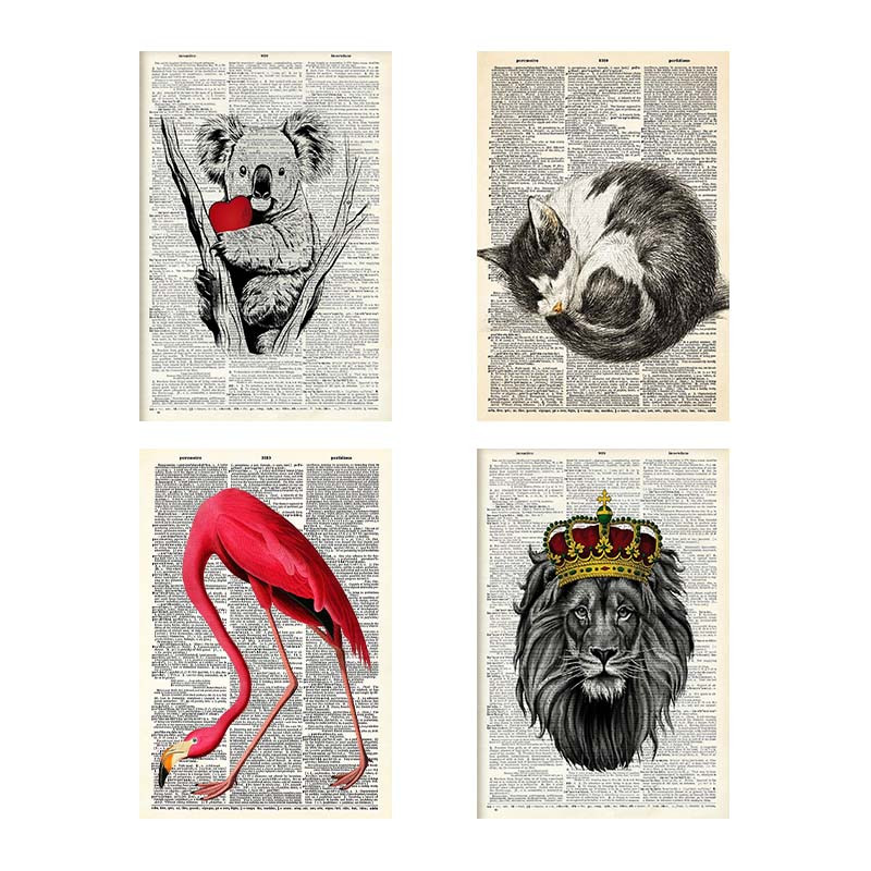 تابلو شاسی دنیای قاب طرح روزنامه وینتج حیوانات Vintage Newspaper Animals کد 70629 مجموعه 4 عددی